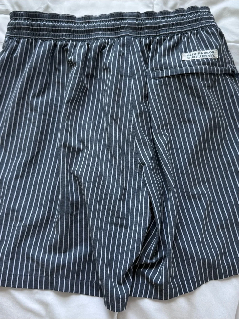 Fair Harbor Charcoal Pinstripe Swim Trunks with White Drawstring
